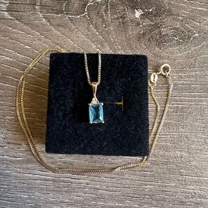 Elegant Gold Necklace with Simulated Blue Topaz and Cz Gemstone Pendant 18 inch